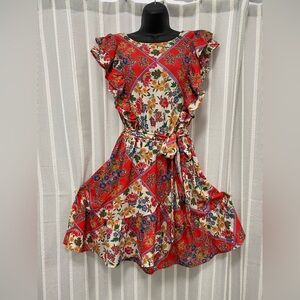 Floral Red Ruffle Boho Faux Wrap Dress with Belt by‎ Flying Tomato Size Large